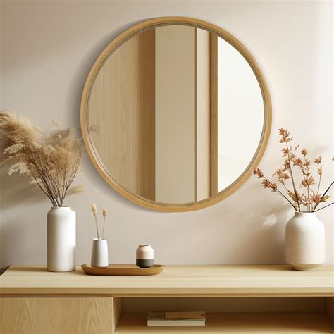 Magnifique Wall Bath Round Mirror, 32" Natural Wood Frame, Handcrafted ...