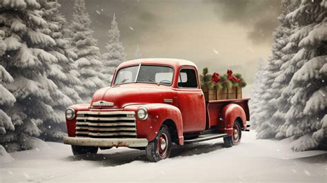 Vintage red truck with Christmas tree in snowy landscape 30312626 Stock ...
