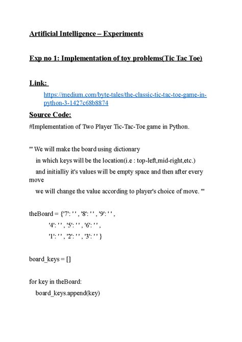 Exp 1 to 3 - Artificial Intelligence – Experiments Exp no 1 ...