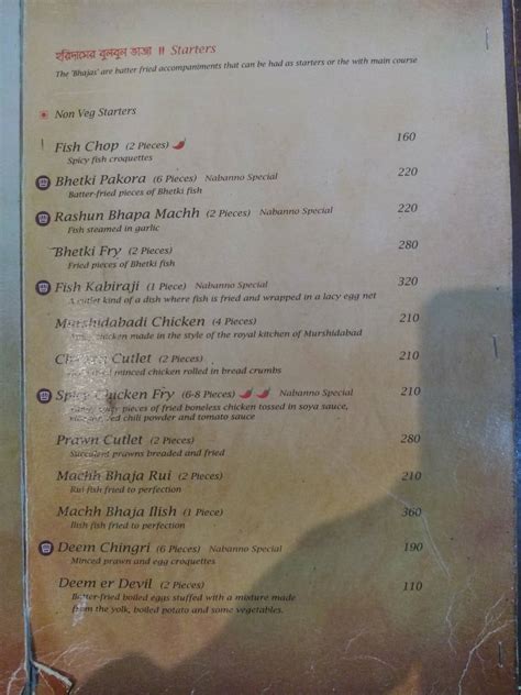Menu at Nabanno, Hyderabad, 3rd Floor