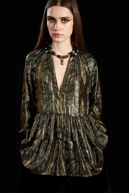 Buy Black Viscose Lurex Woven Palm Trees V-neck Tiered Top For Women by ...