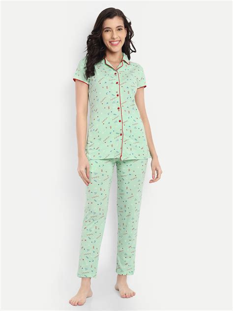 Women's Cotton Geometrical Printed Night Suit Set of Shirt & Pyjama (2