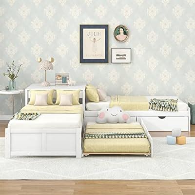 Buy L-Shape Bed 2 Twin Platform Beds with Trundle and Storage Drawers ...