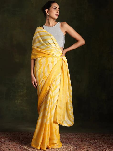 Buy Yellow Printed Silk Blend Saree With Unstitched Blouse Piece Online ...