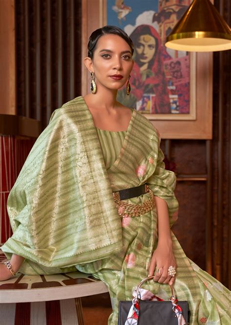 Pure Linen Light Green Handloom Saree Online Shopping India USA UK – Sunasa