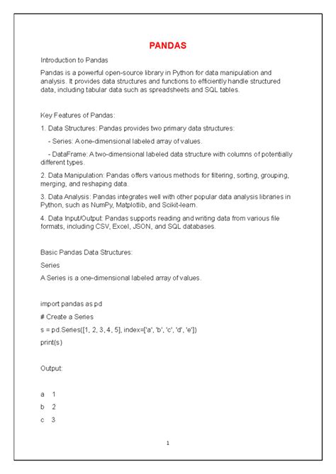 DS Pandas - Comprehensive Notes on Data Manipulation and Analysis - Studocu