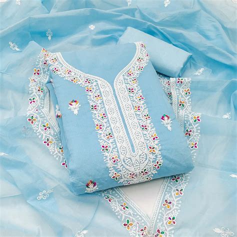 Navy Blue Floral Embroidered Chanderi Dress Material