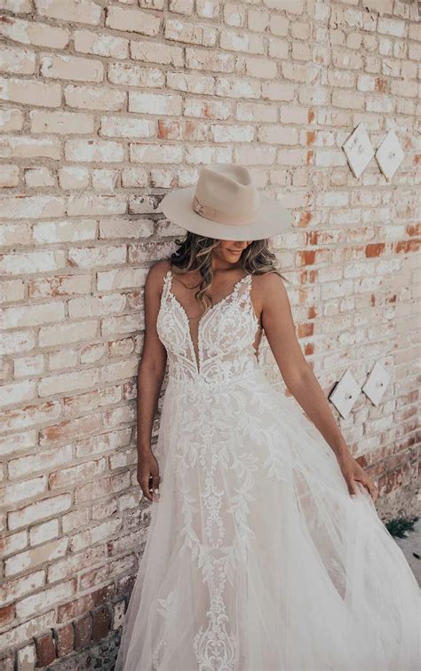 Lace V-Neckline Wedding Dress with Sheer Bodice - Essense of Australia Wedding Dresses