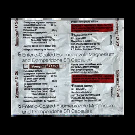 SOMPRAZ D 20MG CAPSULE 15'S Price, Uses, Side Effects & Substitutes ...