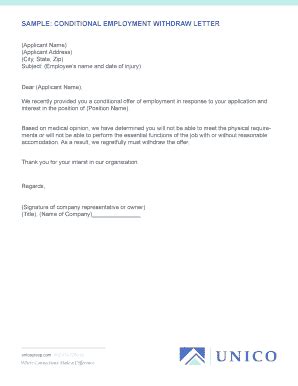 Fillable Online SAMPLE: CONDITIONAL EMPLOYMENT WITHDRAW LETTER Fax ...