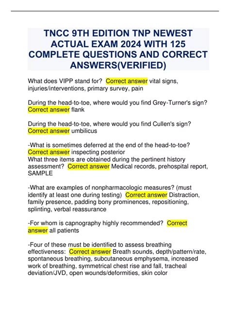 TNCC 9TH EDITION TNP NEWEST ACTUAL EXAM 2024 WITH 125 COMPLETE ...