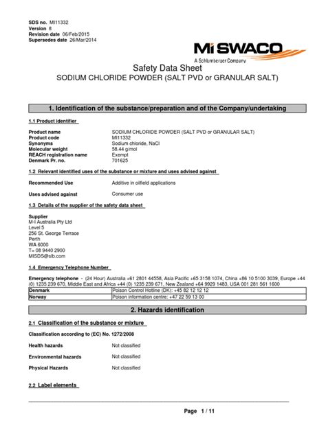 Material Safety Data Sheet Sodium Chloride at Joanna Swanner blog