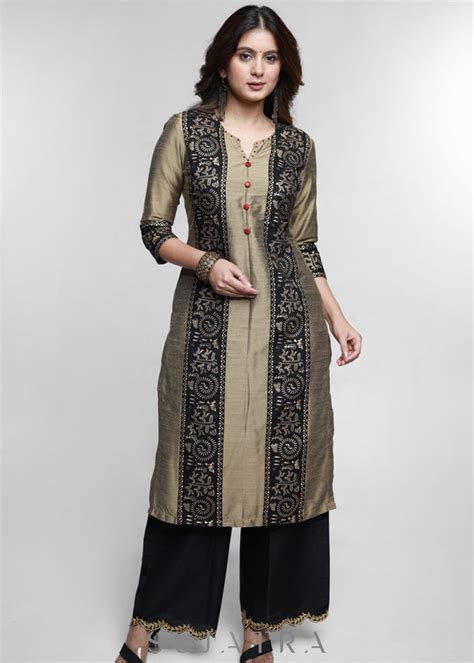 Dark Beige Cotton Silk Kurta with Warli print-Pant Optional – Sujatra
