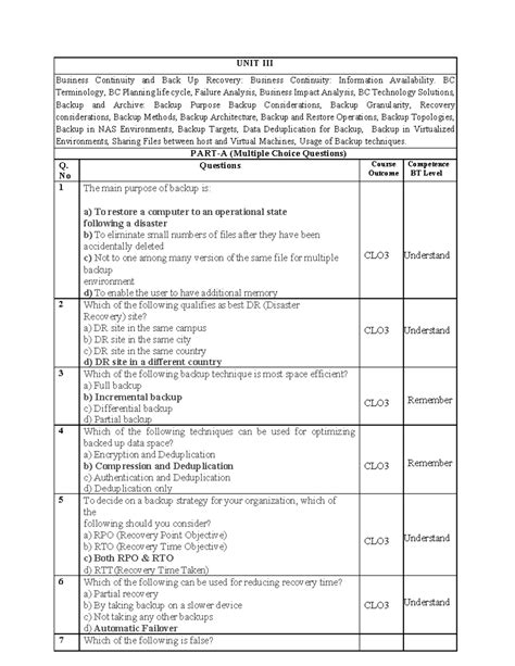 ISM UNIT 3 MCQs - Business Continuity & Backup Recovery - Studocu
