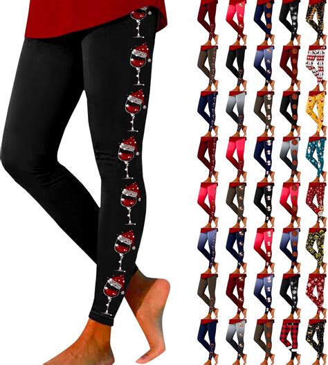 Christmas Leggings for Women High Waist Red Wine Glass Seasonal Printed ...