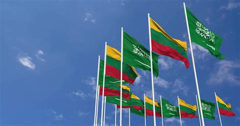 Lithuania and KSA, Kingdom of Saudi Arabia Flags Waving Together in the Sky, Seamless Loop in ...