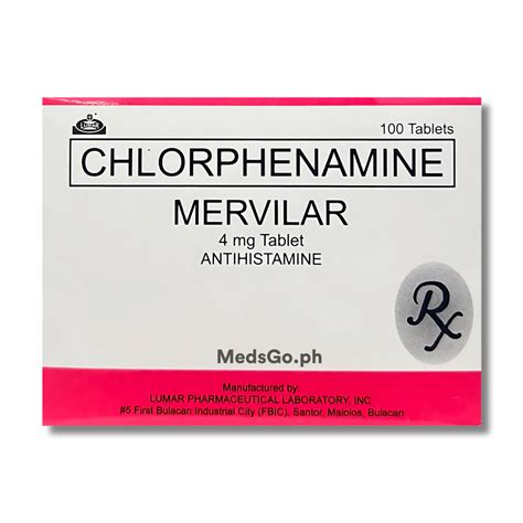 MERVILAR Chlorphenamine Maleate 4mg Tablet 100's price in the Philippines | MedsGo Pharmacy