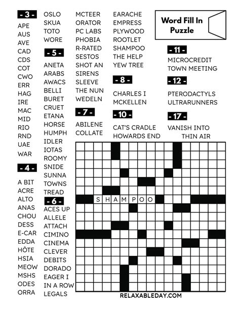 FREE WORD FILL IN PUZZLE| Relaxable Day