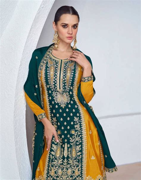 Mustard Elegant Embroidered Chinon Top & Bottom Set with