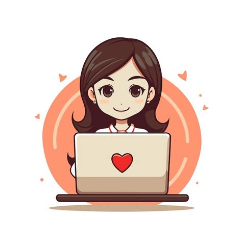 Cute little girl using laptop vector illustration in cartoon style ...