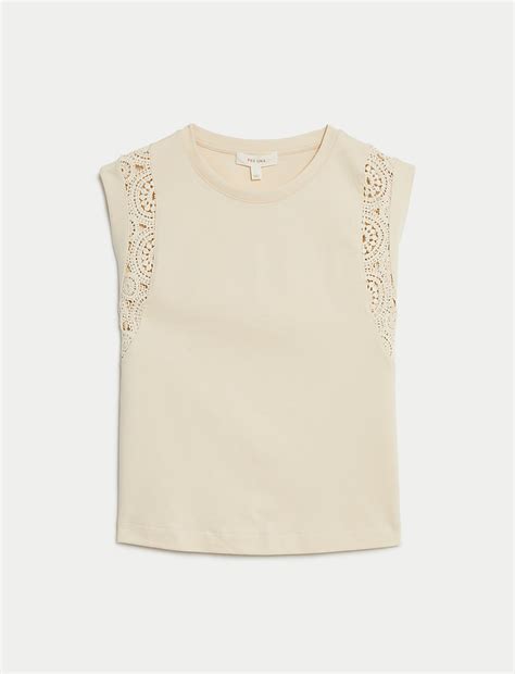Buy Pure Cotton Lace Insert T-Shirt at Marks & Spencer