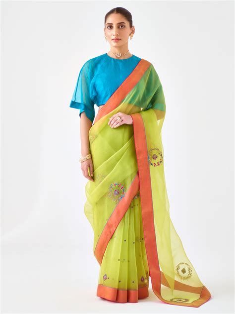 Lime Green Embroidered Organza Saree with Underskirt - Set of 2