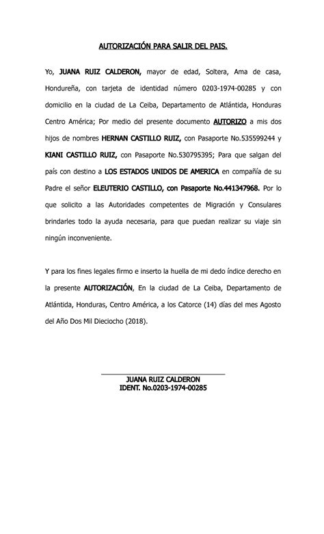 Autorización PARA Salir DEL PAIS eslyn - AUTORIZACIÓN PARA SALIR DEL ...