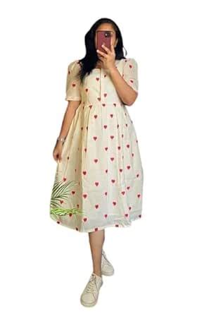 Buy Women's White Dress with Red Heart Print – Short Sleeve, Knee ...