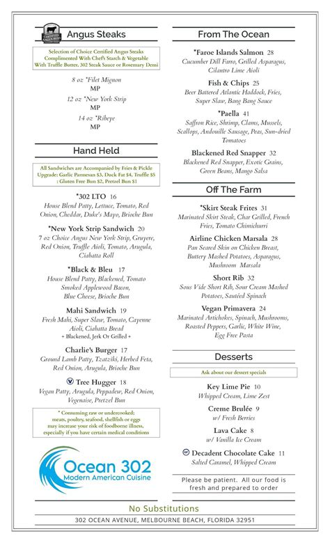 Menu at Ocean 302 steakhouse, Melbourne Beach