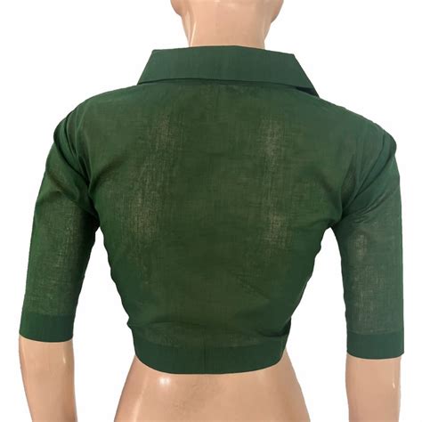 South Cotton Shirt Collar Blouse with Wooden Button Details , Bottle G ...