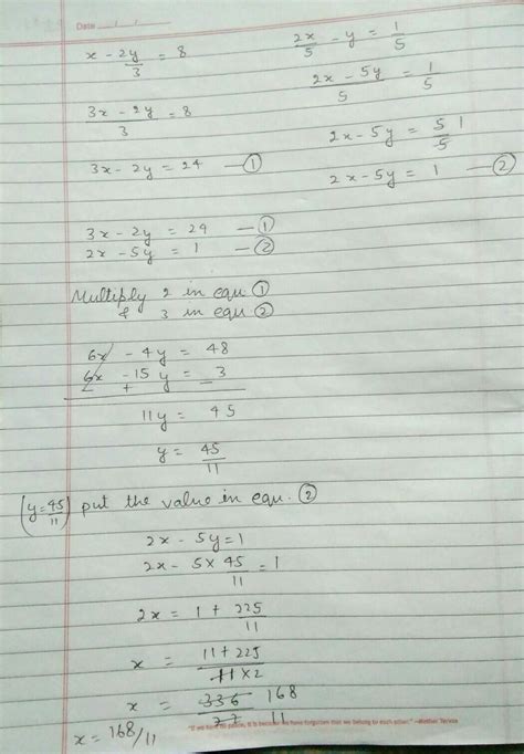 x-2y/3=8 , 2x/5-y=1/5 solve by elimination method - Brainly.in