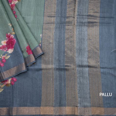 Tussar Green Printed Saree With Zari Border – Kumaran Silks