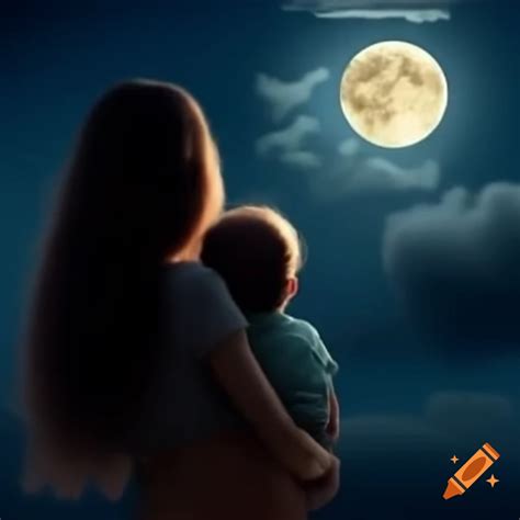 Mother holding child under full moon, viewed from behind on Craiyon