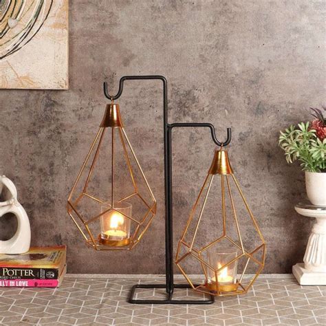 Gold & Black Double Diamond Pendulum Tealight Holder with Glass ...