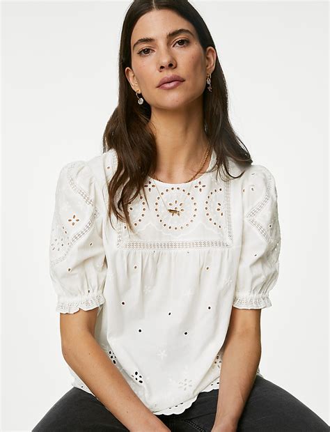 Buy Pure Cotton Broderie Puff Sleeve Blouse at Marks & Spencer
