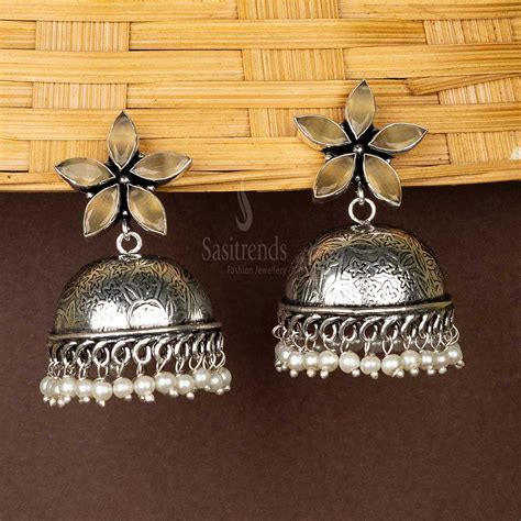 Oxidised Floral Top Jhumka Earrings with Pearl Hanging - Sasitrends