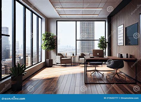 Spacious Office with Floor-to-ceiling Windows Overlooking a Bustling ...