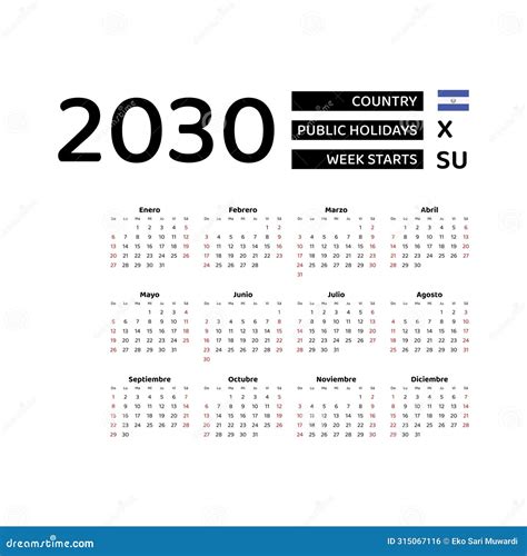 Calendar 2030 Spanish Language with El Salvador Public Holidays. Stock ...