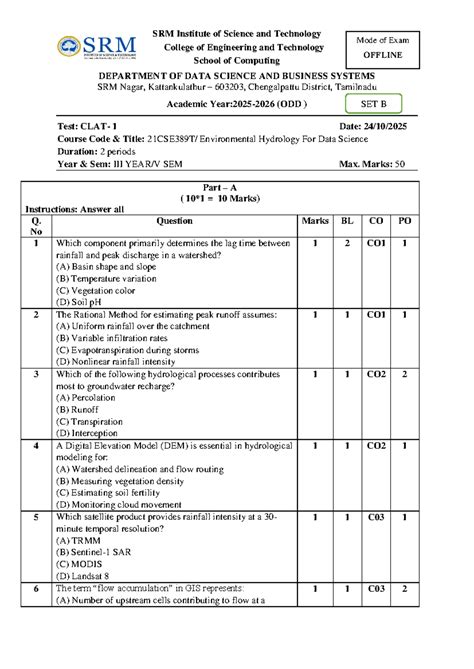 CT-1 SET B: Environmental Hydrology Exam Questions for Data Science ...