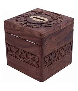 indiabigshop Wooden Coins Storage Box with Carving Work and Lock for ...