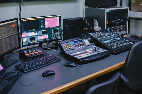 Close up of sound engineer studio with equipment | Free Photo