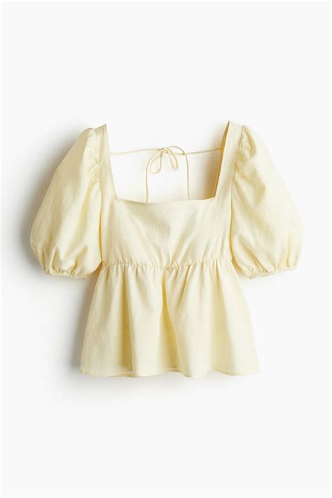 Tie-detail puff-sleeved blouse - Light yellow - Ladies | H&M IN