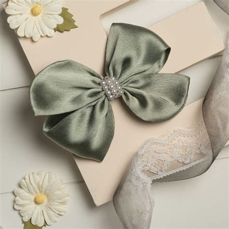 Ribbon Candy - Pearl Detailed Cute Satin Bow on Alligator clip - Olive ...