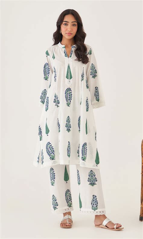 Hoor Hand Block Printed ( Blue Boota) Kurta With Palazzo Set Of 2 ...