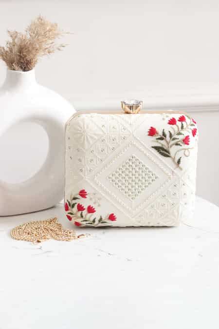 Buy White Thread Chikankari Floral Embroidered Clutch by Boxwish By ...