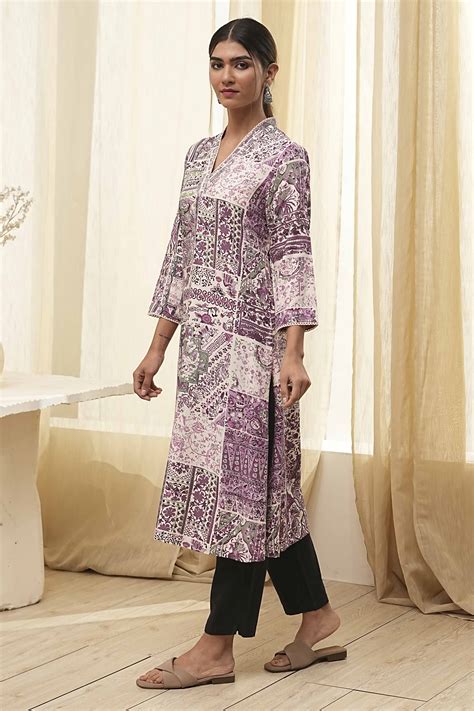 Buy Plum and Off-White Printed Straight Kurta Online at Biba India