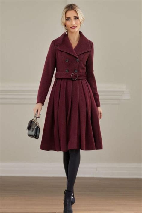 Burgundy Wool Coat, Midi Wool Coat, Belted Wool Coat, Winter Coat Women ...
