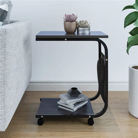 QIHANG-UK End Table on Wheels C Shape Small Coffee Table Mobile Laptop ...