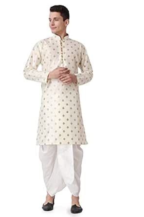 Buy Royal Kurta Men's Jacquard Silk Printed Gold Kurta White Dhoti Set ...