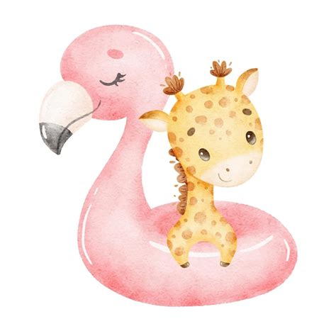 Ilustração em aquarela de uma girafa de desenho animado fofo nadando ...